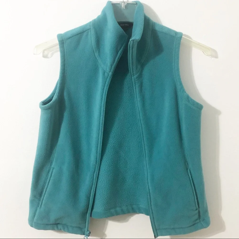 Lands’ End Zippered Front Fleece Vest Mock Turtleneck Side Pockets Blue/Green